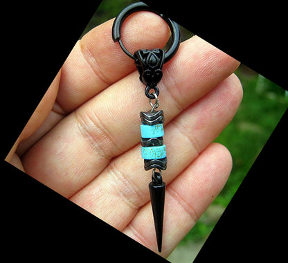 Men Earring African blue Turquoise & Hematite stone,black spike, Dangle Hoop/ clip on black, stone Handmade earring men gift