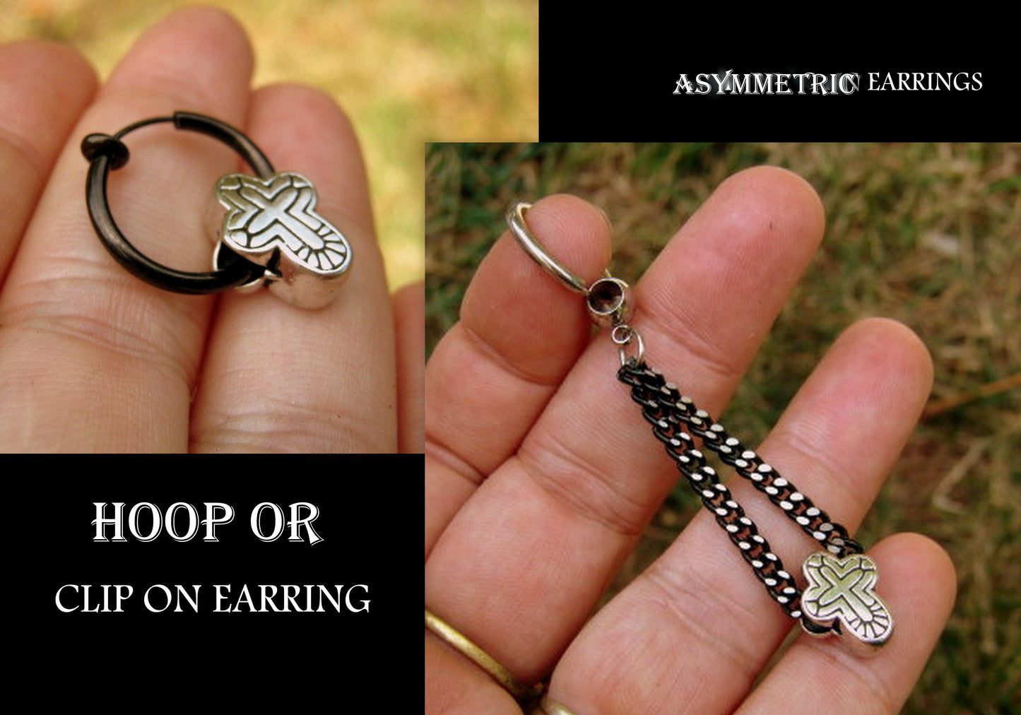 Men CROSS protection Earring Hoop or Clip on non piercing  earring, black chain, Dangle Handmade earring women men gift