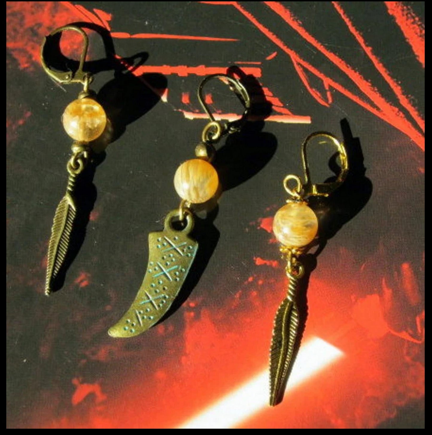 Men Earring Citrine stone-Full moon, Feather Dangle Hoop/ clip on bronze earring, Handmade earring women men gift