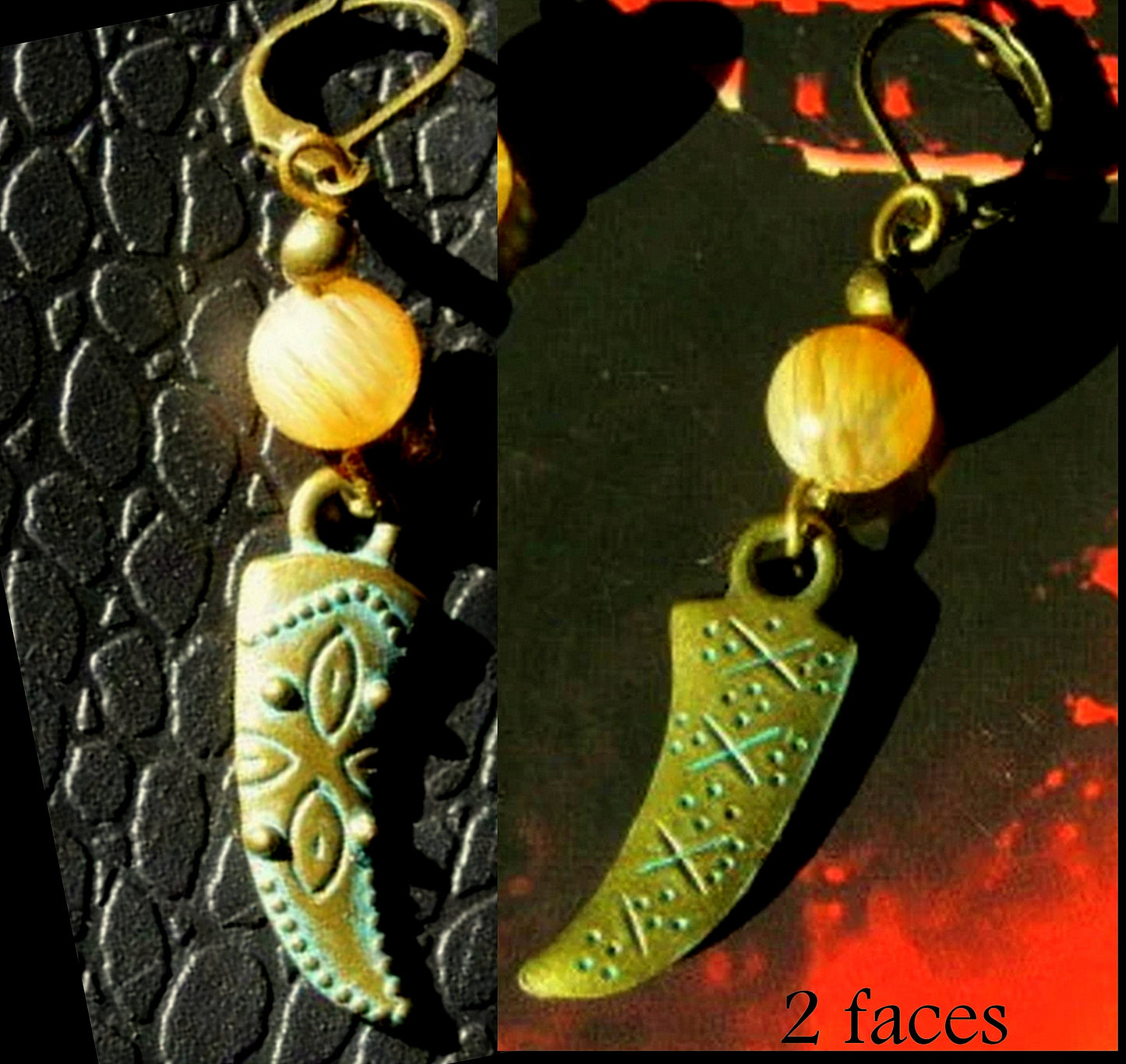 Men Earring Citrine stone-Full moon, Horn of abondance/ sword, Protection Dangle Hoop/ clip on bronze earring, Handmade earring women men gift