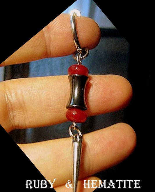 Men Earring RUBY & Hematite hourglass stone, spike, Dangle Hoop/ clip on black, stone Handmade earring men gift