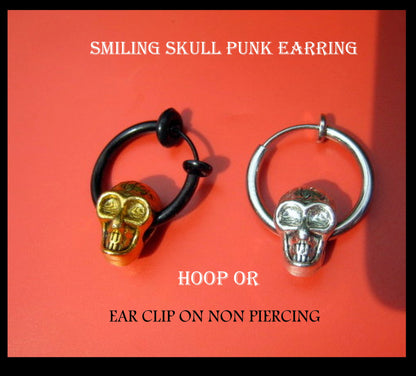Men  smiling SKULL punk Earring Hoop or Clip on non piercing  earring, Dangle Handmade earring women men gift