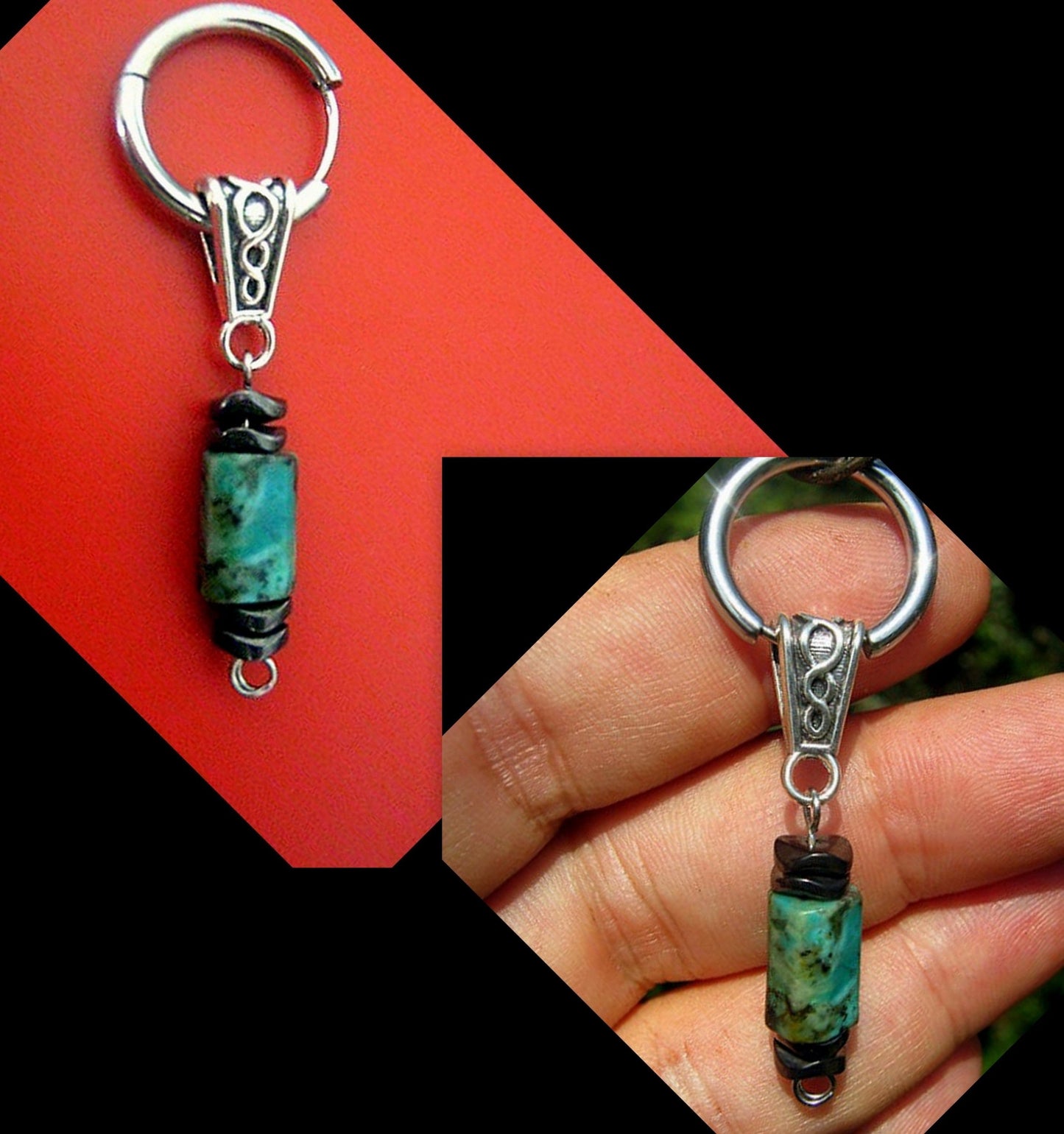 CAMELYS MAGIC 4 MEN - Men Earring African turquoise & Hematite stone Dangle Hoop/ clip on, Handmade earring men gift