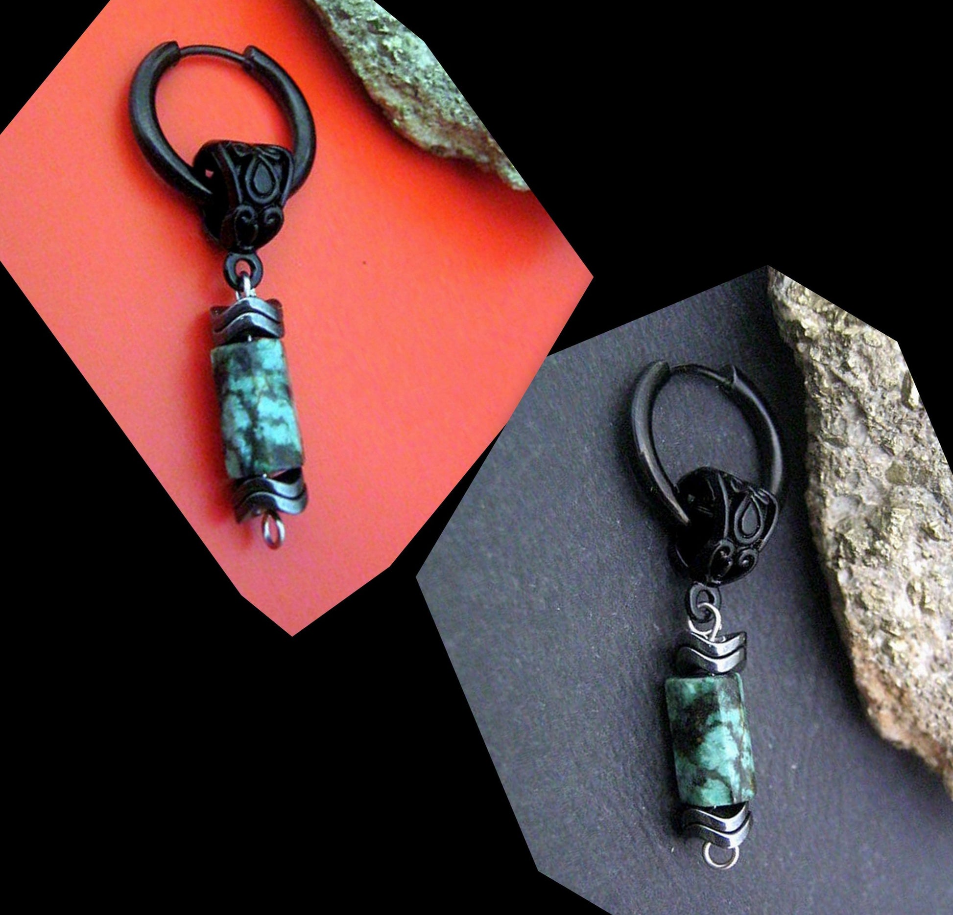 CAMELYS MAGIC 4 MEN - Men Earring African turquoise & Hematite stone Dangle Hoop/ clip on, Handmade earring men gift