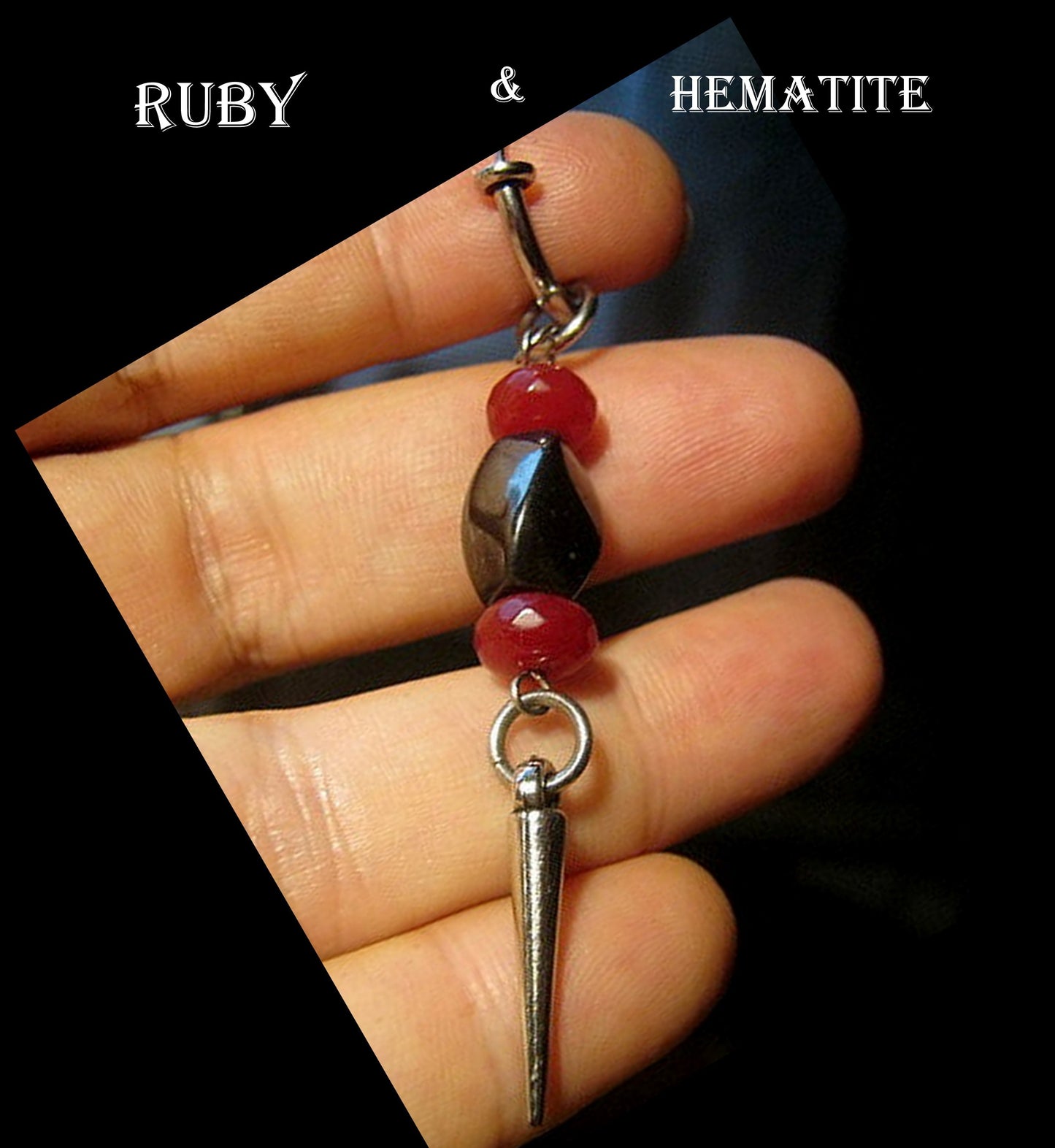 Men Earring RUBY & Hematite twist stone, spike, Dangle Hoop/ clip on black, stone Handmade earring men gift