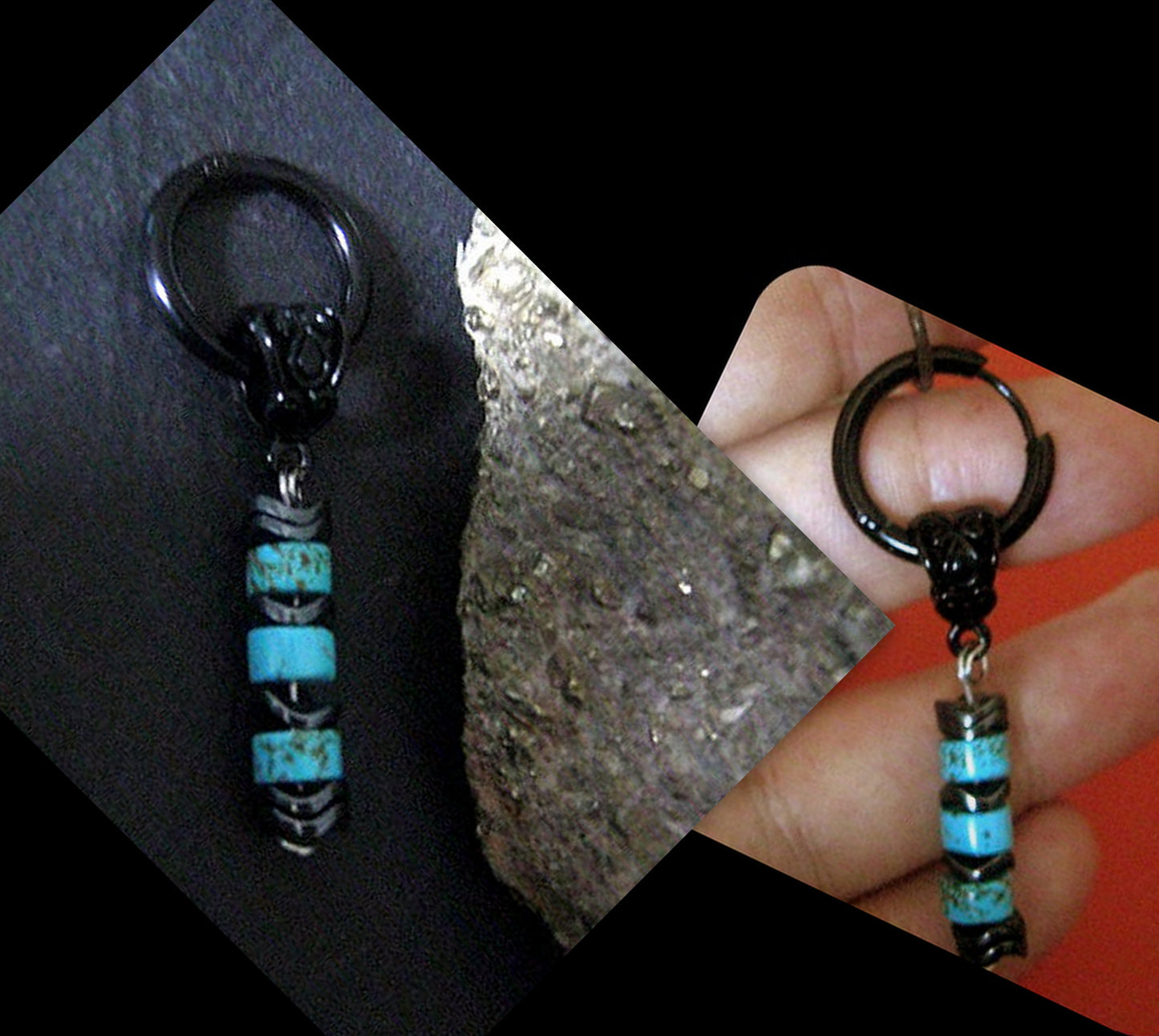 Men Earring African blue Turquoise & Hematite stone,Dangle Hoop/ clip on black, stone Handmade earring men gift