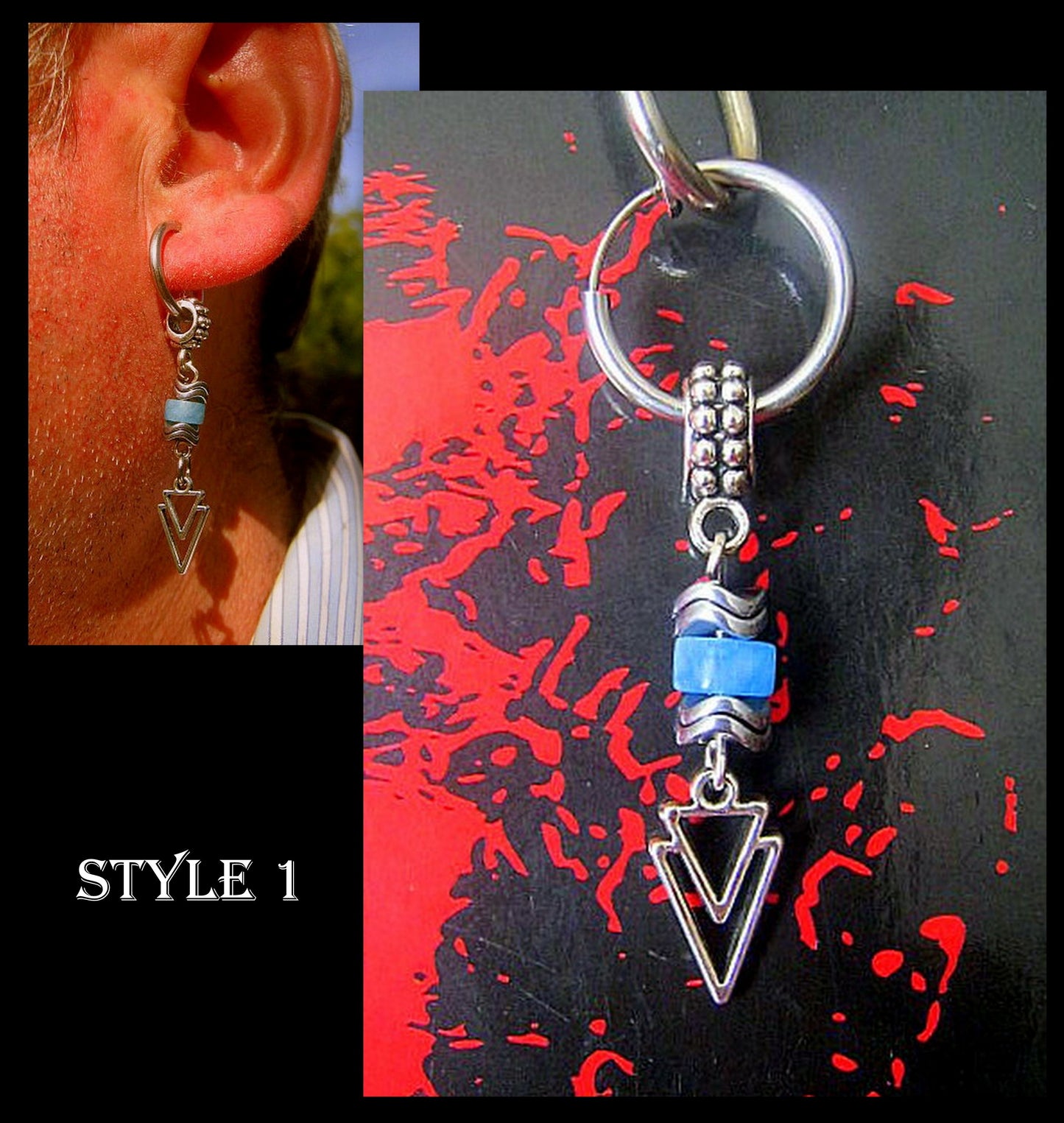 AQUAMARINE stone Hematite men Earring Hoop/ Clip on dangle unisex mono earring, triangle, leaves, Handmade earring men gift