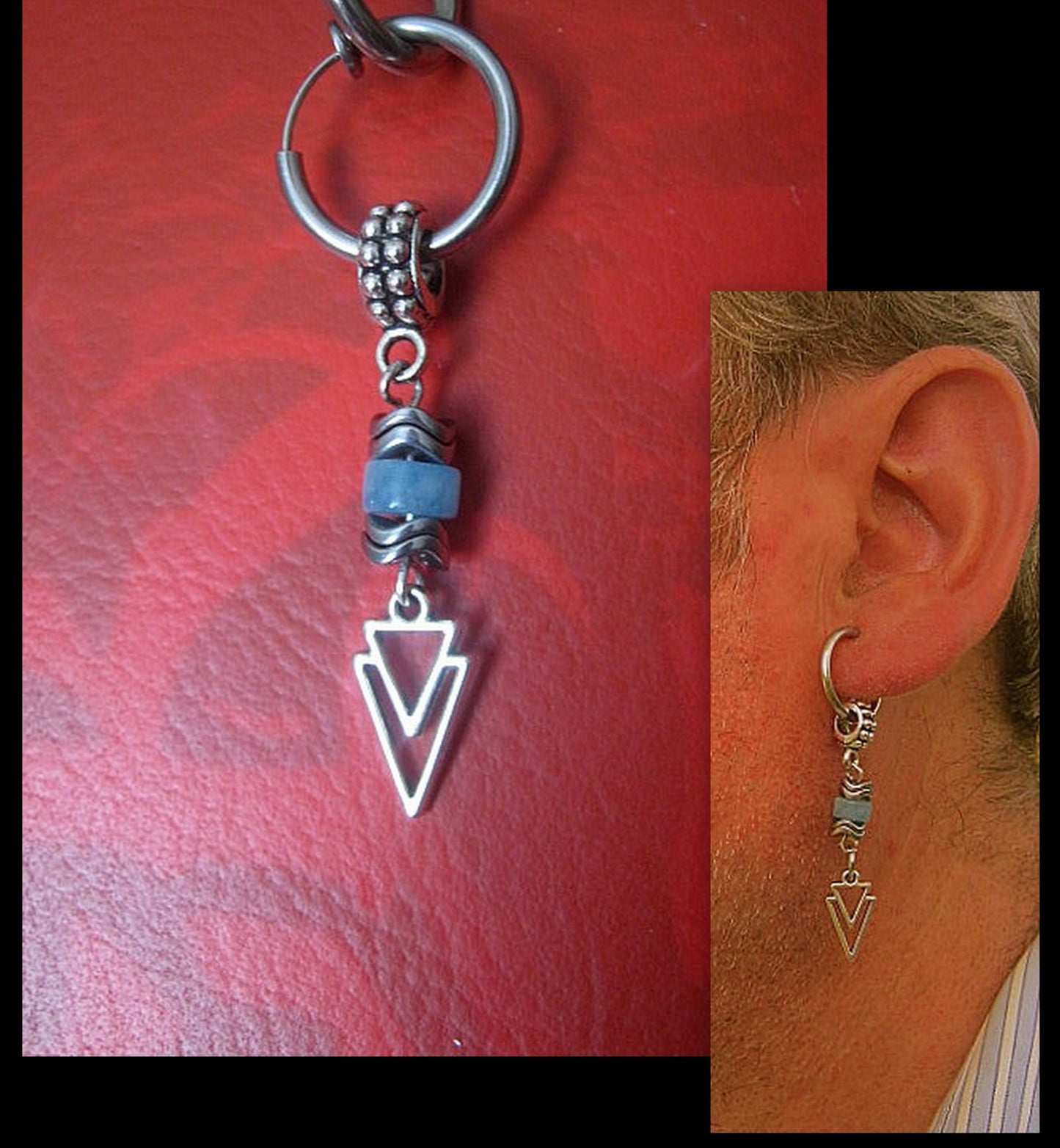 AQUAMARINE stone Hematite men Earring Hoop/ Clip on dangle unisex mono earring, triangle, leaves, Handmade earring men gift