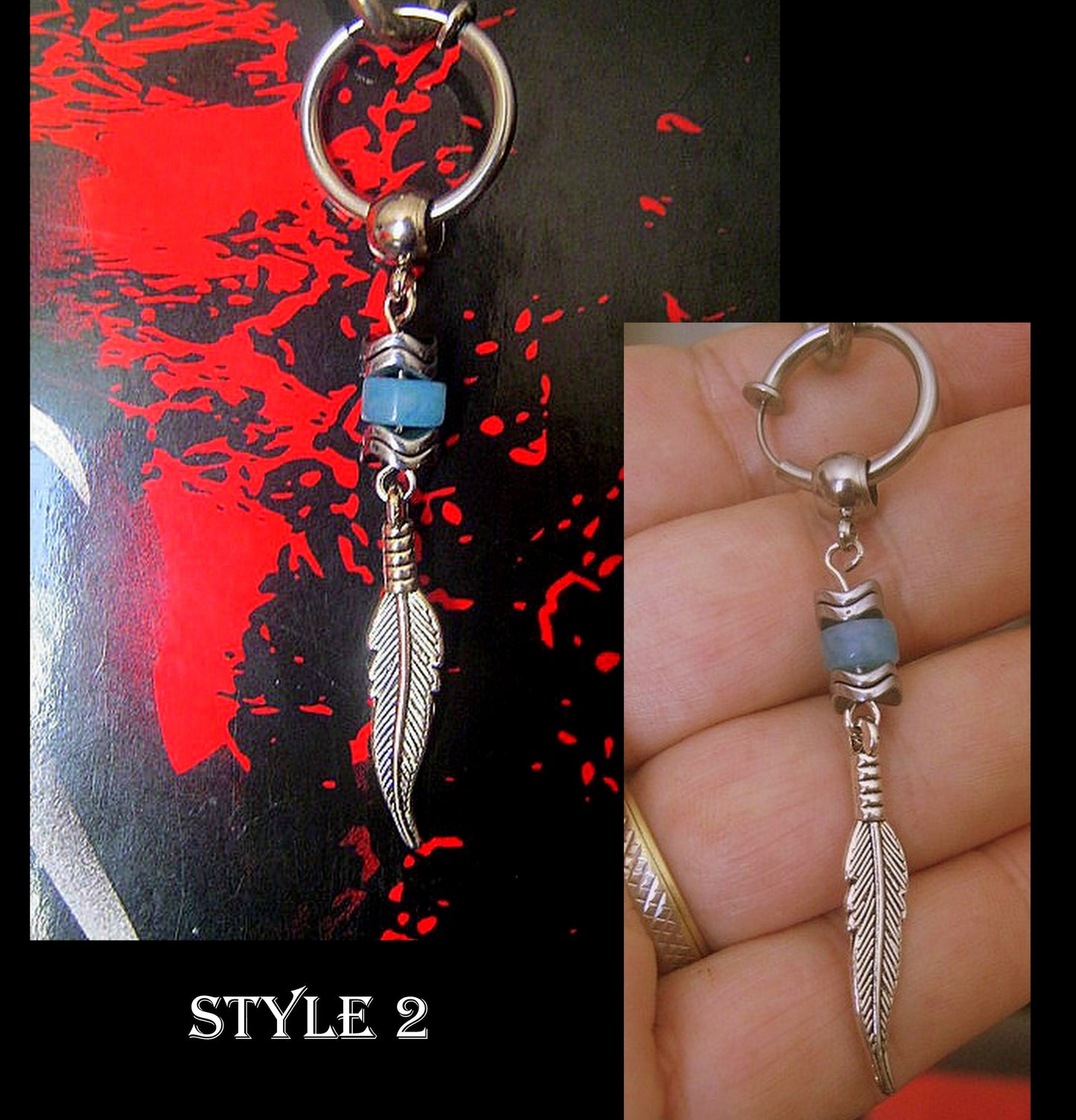 AQUAMARINE stone Hematite men Earring Hoop/ Clip on dangle unisex mono earring, triangle, leaves, Handmade earring men gift