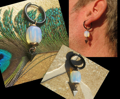 Men Earring OPAL stone & Hematite stone, Dangle Hoop/ clip on, stainless steel, Handmade earring men gift