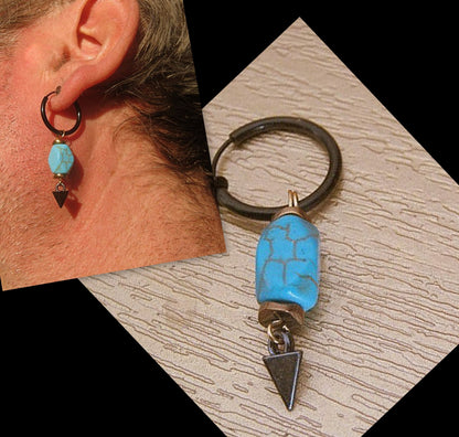 Men Earring TURQUOISE stone & Hematite stone, Dangle Hoop/ clip on, stainless steel, Handmade earring men gift