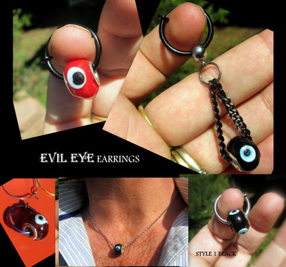 Men Earring EVIL EYE for protection, donut , Dangle Hoop/ clip on black, Handmade earring men women gift