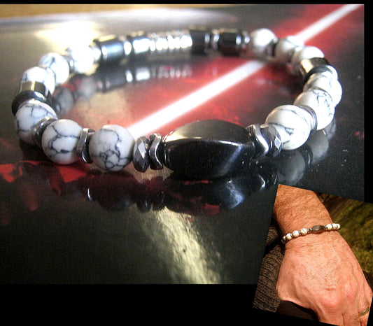 Men Bracelet HEMATITE, WHITE HOWLITE spiritual jewelry Mala Protection Bracelet Healing stone, handmade bracelet men gift