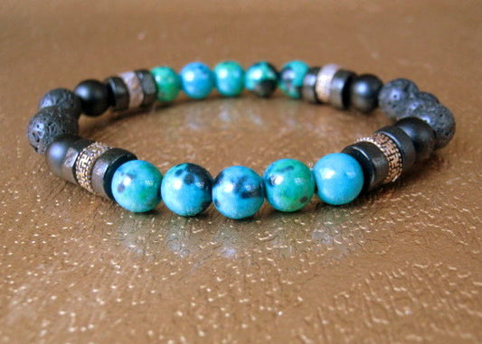 Men Turquoise CHRISOCOLLA stone Bracelet LAVA Tourmaline & Onyx coco wood beads Hematite Healing stone, Tribal handmade bracelet men gift