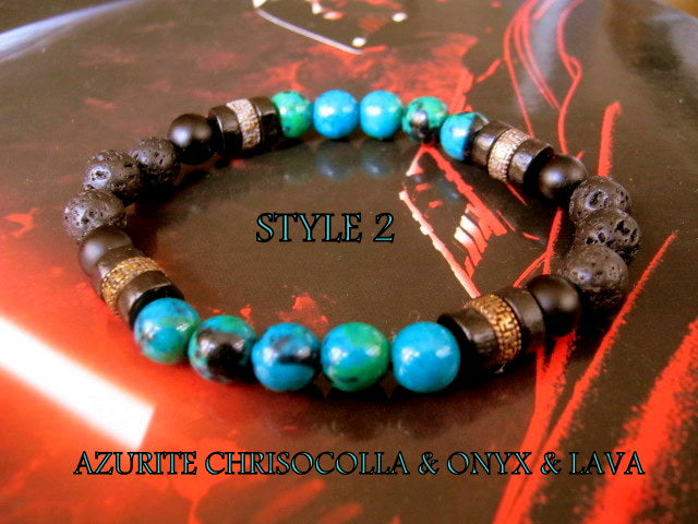 Men Turquoise CHRISOCOLLA stone Bracelet Onyx Tourmaline & LAVA coco wood beads Hematite Healing stone, Tribal handmade bracelet men gift