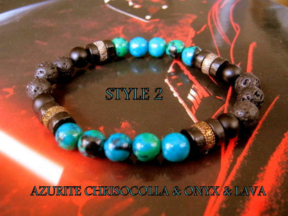 Men Turquoise CHRISOCOLLA stone Bracelet Tourmaline Onyx & LAVA coco wood beads Hematite Healing stone, Tribal handmade bracelet men gift