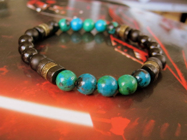 Men Turquoise CHRISOCOLLA stone Bracelet LAVA Tourmaline & Onyx coco wood beads Hematite Healing stone, Tribal handmade bracelet men gift