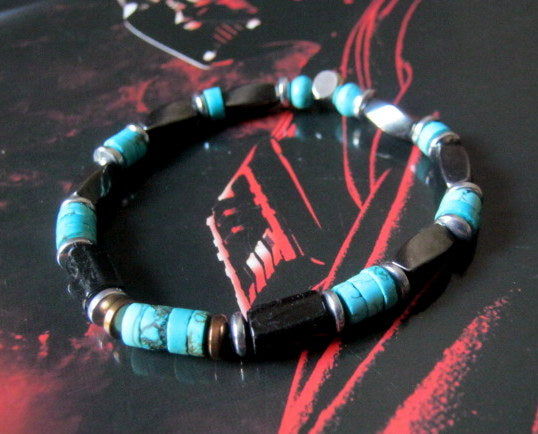 Men african blue TURQUOISE Bracelet Tourmaline Onyx Lava Coco wood heishi Hematite Healing stone, handmade bracelet men gift