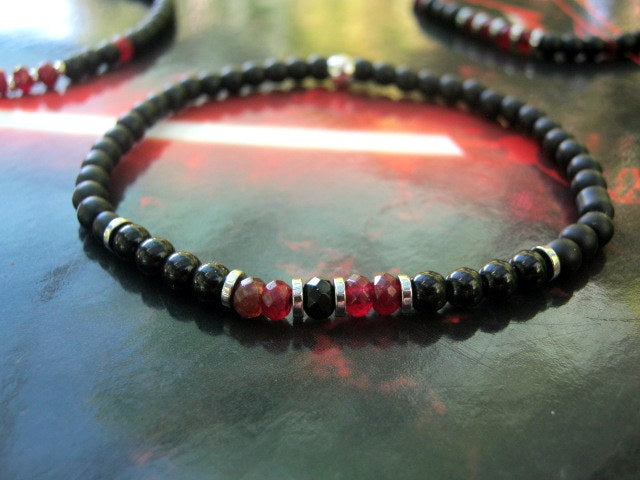 Men tiny RUBY Onyx Tourmaline Hematite Black Diamond Spinel bracelet, protection precious stone handmade slim bracelet men gift