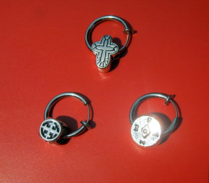 Men CROSS protection Earring Hoop or Clip on non piercing  earring, black chain, Dangle Handmade earring women men gift