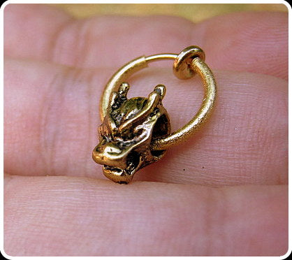 Men gold DRAGON Earring Hoop or Clip on non piercing  earring, black chain, Dangle Handmade earring women men gift