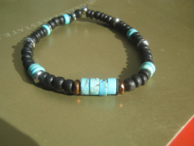 Men African TURQUOISE Bracelet white african style polymer heishi, silver hematite Healing stone, handmade bracelet men gift