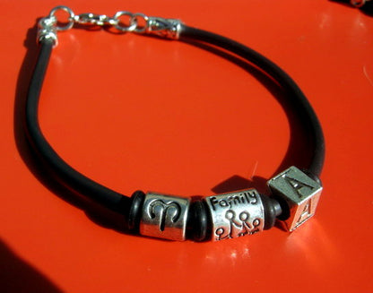 Men silver charm "Family of 4" custom cord /Leather Bracelet, Stack slim protection Handmade bracelet men gift