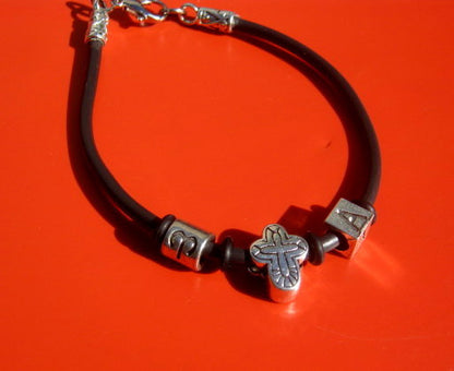Men silver CROSS custom cord /Leather Bracelet, Stack slim protection Handmade bracelet men gift
