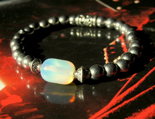 OPAL stone silver Hematite Bracelet Moonstone, Healing stone, Handmade bracelet men women couple gift