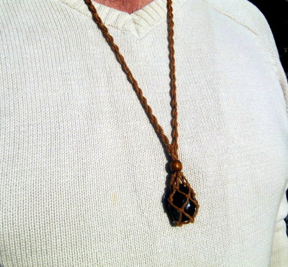 OBSIDIAN stone men pendant long Necklace EMF Protection, healing crystal, braided macrame cord, handmade necklace Men /couple Gift