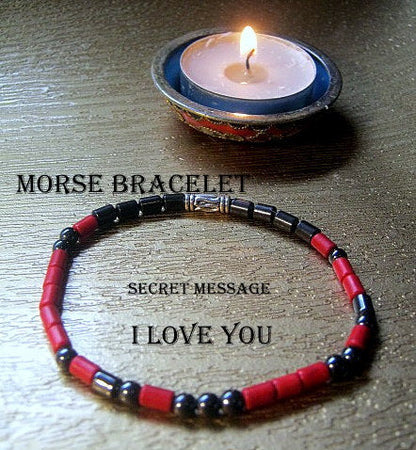 Custom MORSE CODE men/women Bracelet, Hematite & white/ red Coral, I love you Secret Message, Healing protection stone Men handmade slim bracelet Men gift