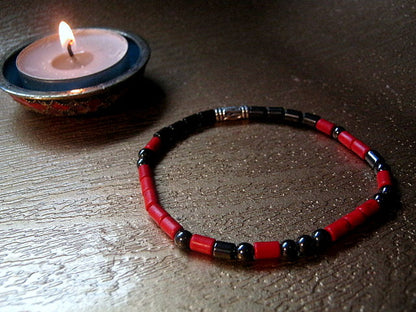 Custom CODE MORSE men/women Bracelet, Hematite & red Coral, I love you Secret Message, Healing protection stone Men handmade slim bracelet Men gift