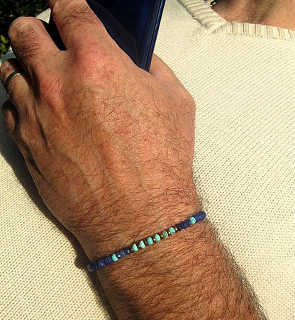 Men tiny SAPPHIRE Turquoise Onyx precious stone bracelet, protection crystal of awakening, handmade slim bracelet men gift