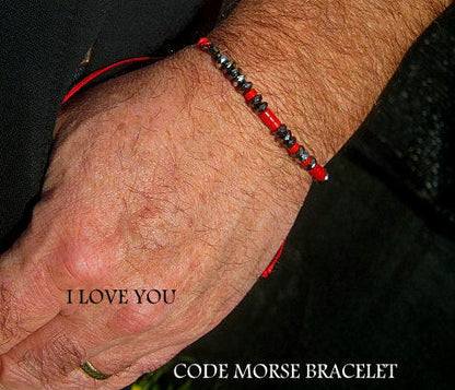 Custom CODE MORSE men/women Bracelet, Hematite, Coco wood, Onyx & RED CORAL, CORD, I love you Secret Message, Healing protection stone Men handmade slim bracelet Men gift