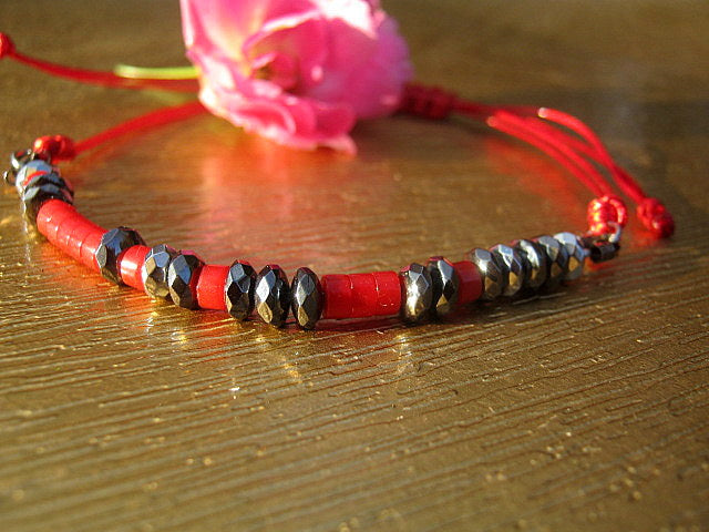 Men/women Bracelet, Onyx Hematite, Coco wood & RED CORAL, vegan CORD, Healing protection stone Men handmade slim bracelet Men gift