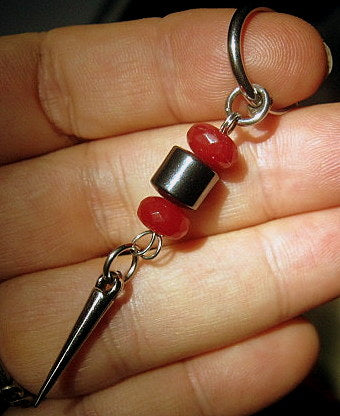 Earring RUBY & Hematite cylinder stone, spike, Dangle Hoop/ clip on black, stone Handmade earring men gift