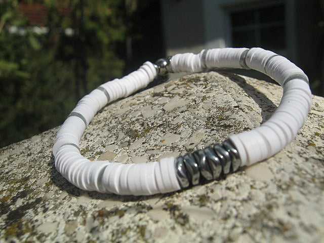 Men Bracelet white african style disc heishi silver hematite Protection stone, handmade bracelet men gift