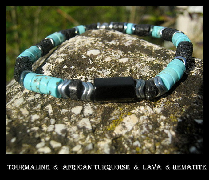 Bracelet african TURQUOISE Tourmaline Lava heishi Hematite Healing stone, handmade bracelet men gift