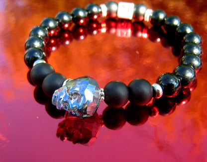Men Swarovski SKULL custom Bracelet Tourmaline ONYX stone blue/black Skull punk bracelet, Handmade bracelet men gift