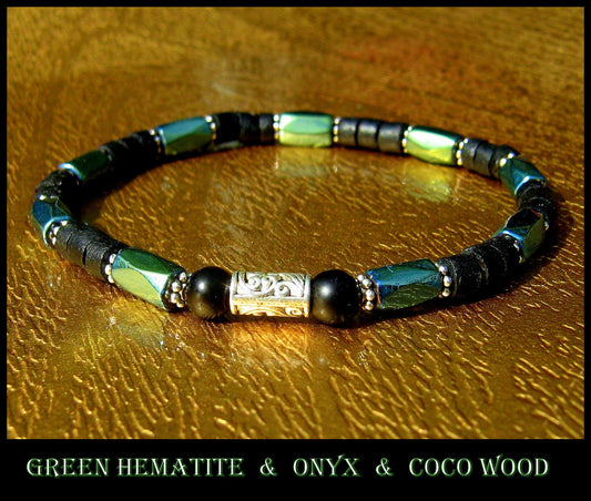 Men green Hematite Onyx coco wood Bracelet Healing stone, handmade bracelet men gift