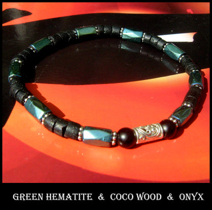 Men green Hematite Onyx coco wood Bracelet Healing stone, handmade bracelet men gift