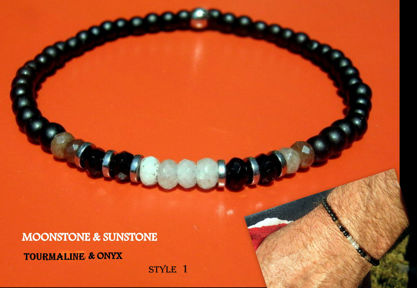 Men tiny MOONSTONE & Sunstone Onyx Tourmaline Spinel Black Diamond Turquoise, Labradorite bracelet, protection precious which stone handmade slim bracelet men gift