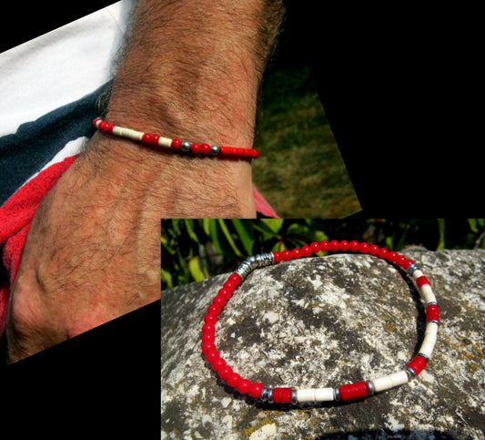 Men slim bracelet White & red Coral, Hematite gemstone, silver unisex Bracelet, handmade slim bracelet men gift