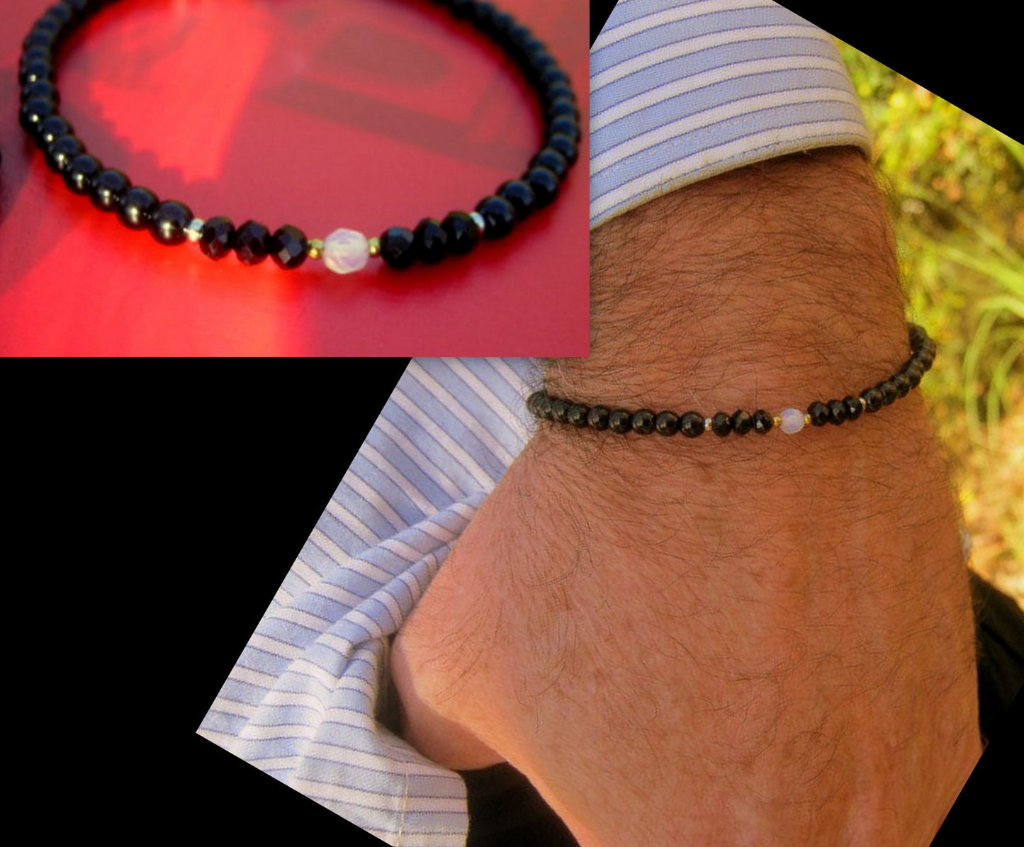 Men tiny OPAL Moonstone Tourmaline Onyx Spinel Black Diamond bracelet, protection precious which stone handmade slim bracelet men gift