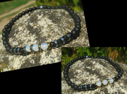 Men tiny OPAL Moonstone Tourmaline Onyx Spinel Black Diamond bracelet, protection precious which stone handmade slim bracelet men gift