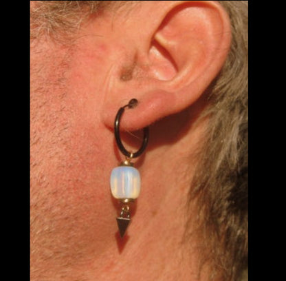 Men Earring OPAL stone & Hematite stone, Dangle Hoop/ clip on, stainless steel, Handmade earring men gift