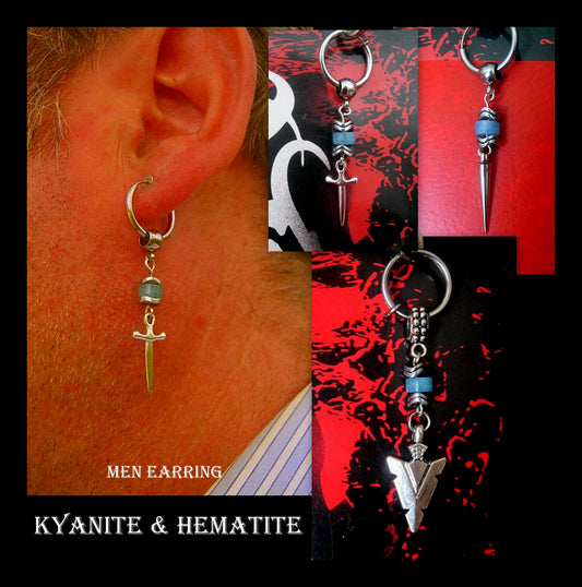 KYANITE stone & Hematite men Earring Hoop/ Clip on dangle unisex mono earring,Spike, Arrow, Sword, Handmade earring men gift