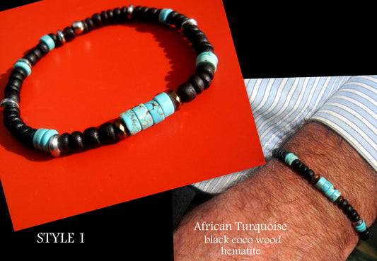 CAMELYS MAGIC 4 MEN - Men Bracelet blue Turquoise Imperial Jasper black Coco wood Hematite heishi Healing stone, handmade bracelet men gift