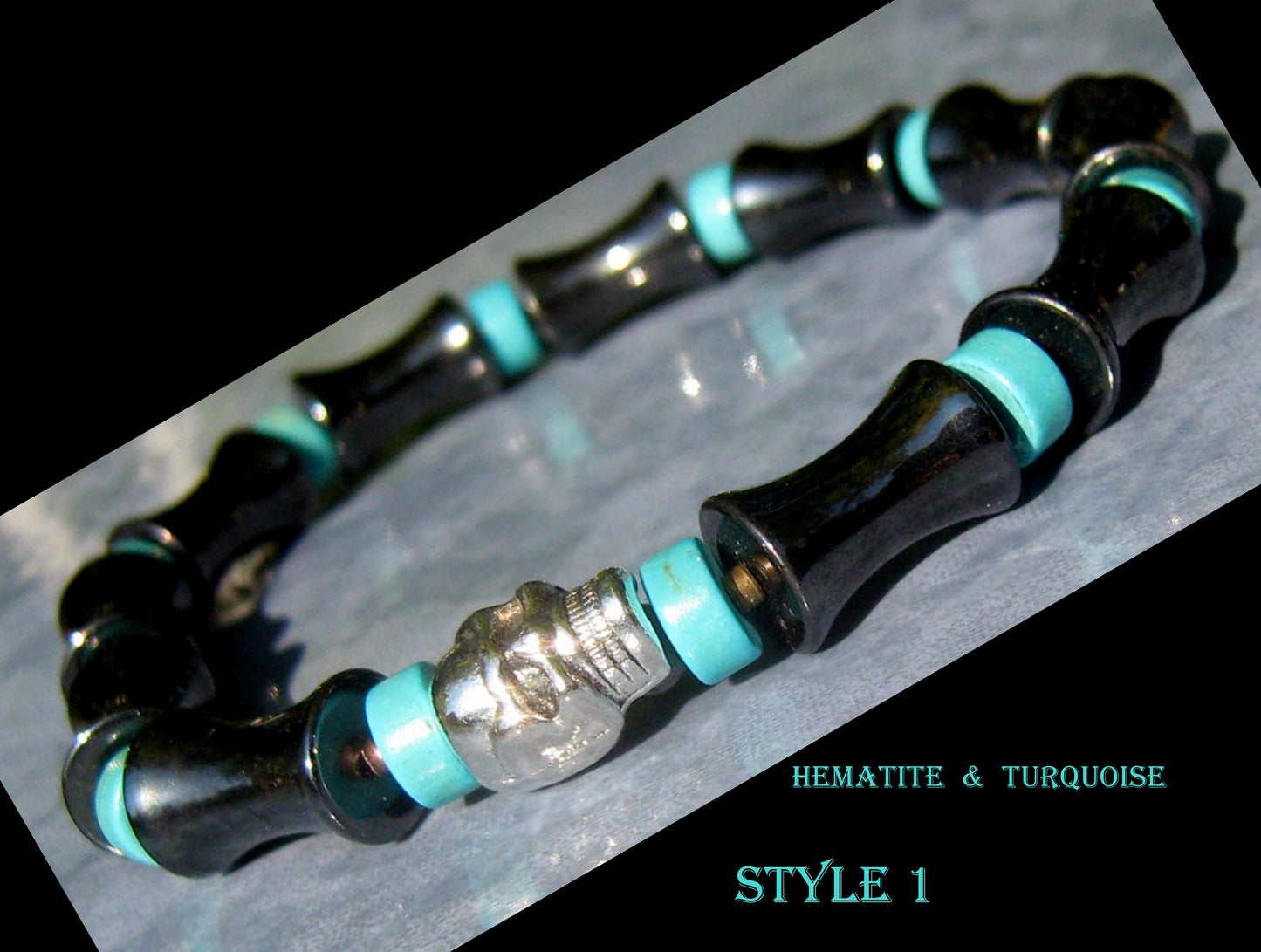 Men Black Onyx Turquoise Hematite stone punk Bracelet skull, Healing stone, handmade bracelet men gift