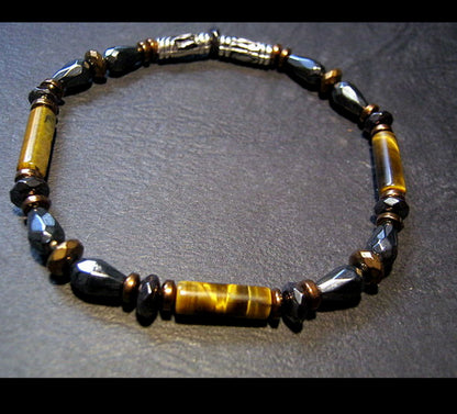 Men bracelet TIGER EYE Hematite Onyx Healing protection precious stone, handmade slim bracelet Men gift